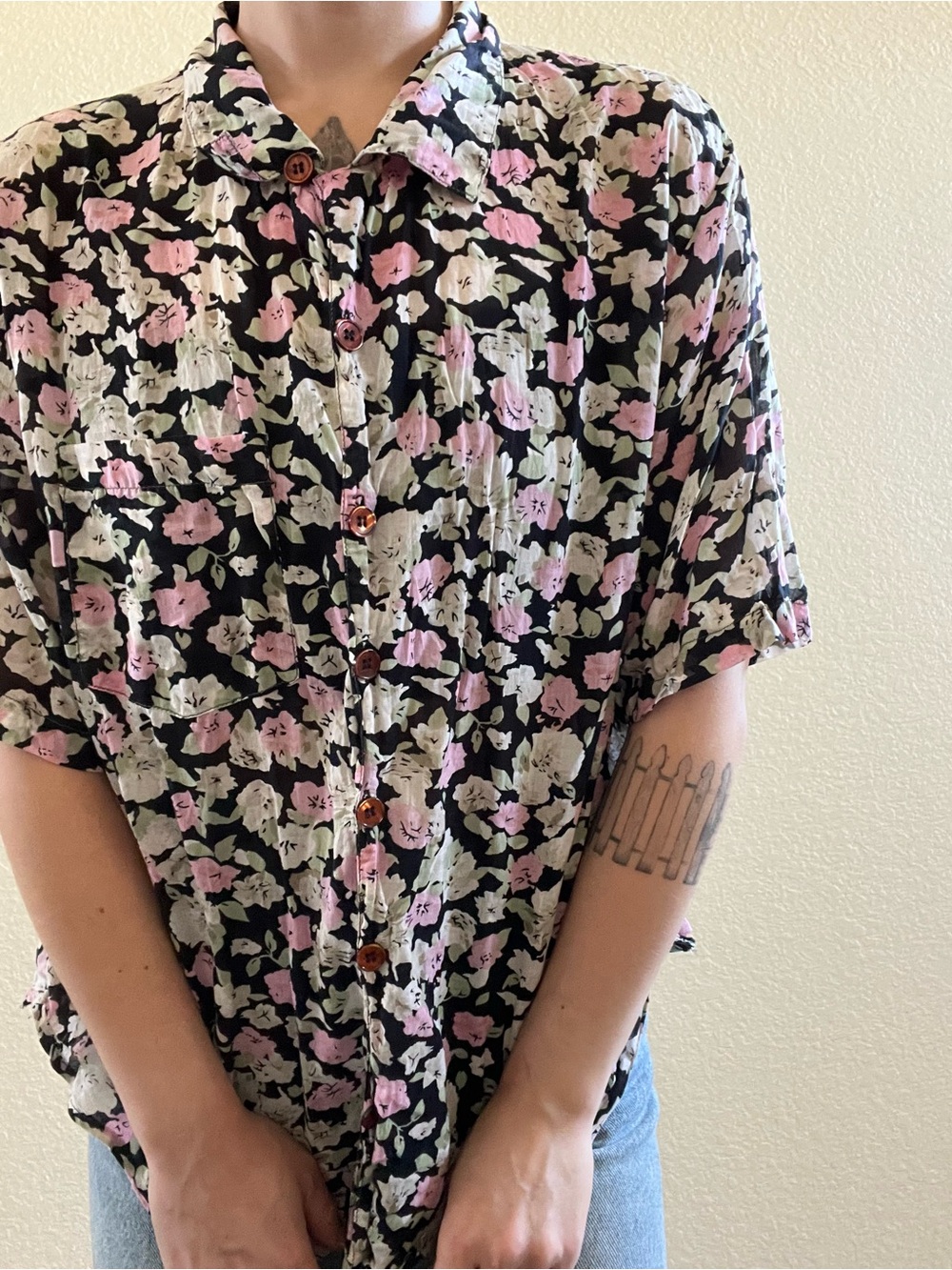 Vintage 80s 90s Floral silk gauze button up blouse Black Pink & Cream Flowers - Picture 3 of 6